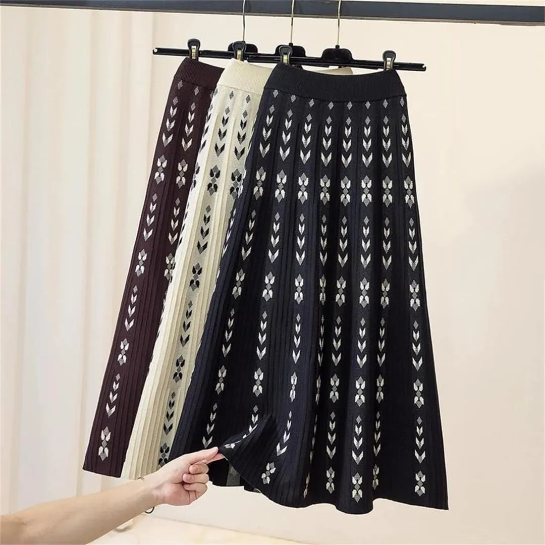 Women Knitted Long Skirt Autumn Winter Warm Vintage Geometric Print A Line High Waist Pleated Midi Skirt