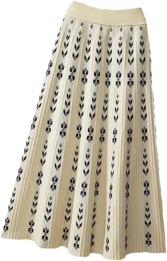 Women Knitted Long Skirt Autumn Winter Warm Vintage Geometric Print A Line High Waist Pleated Midi Skirt