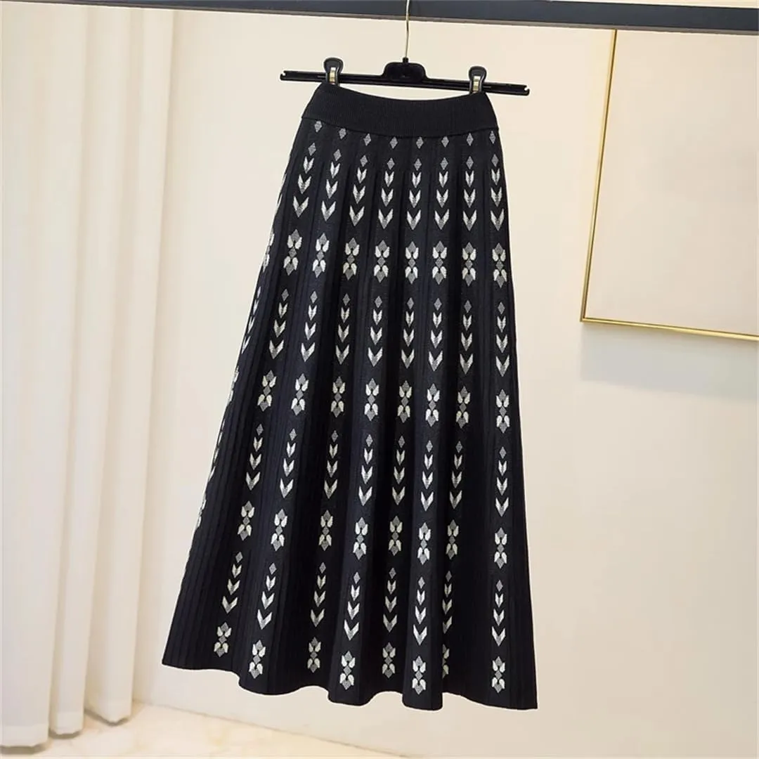 Women Knitted Long Skirt Autumn Winter Warm Vintage Geometric Print A Line High Waist Pleated Midi Skirt