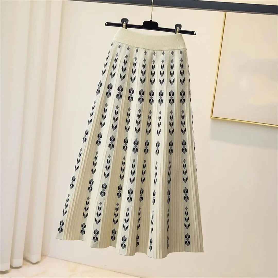 Women Knitted Long Skirt Autumn Winter Warm Vintage Geometric Print A Line High Waist Pleated Midi Skirt