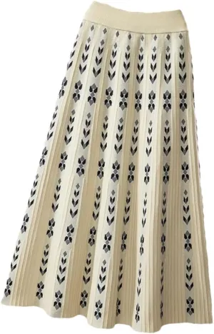 Women Knitted Long Skirt Autumn Winter Warm Vintage Geometric Print A Line High Waist Pleated Midi Skirt