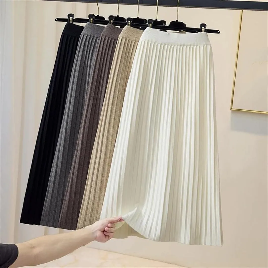 Women Knitted Long Skirt Fall Winter Thick Warm Korean Solid A Line High Waist Pleated Midi Skirt
