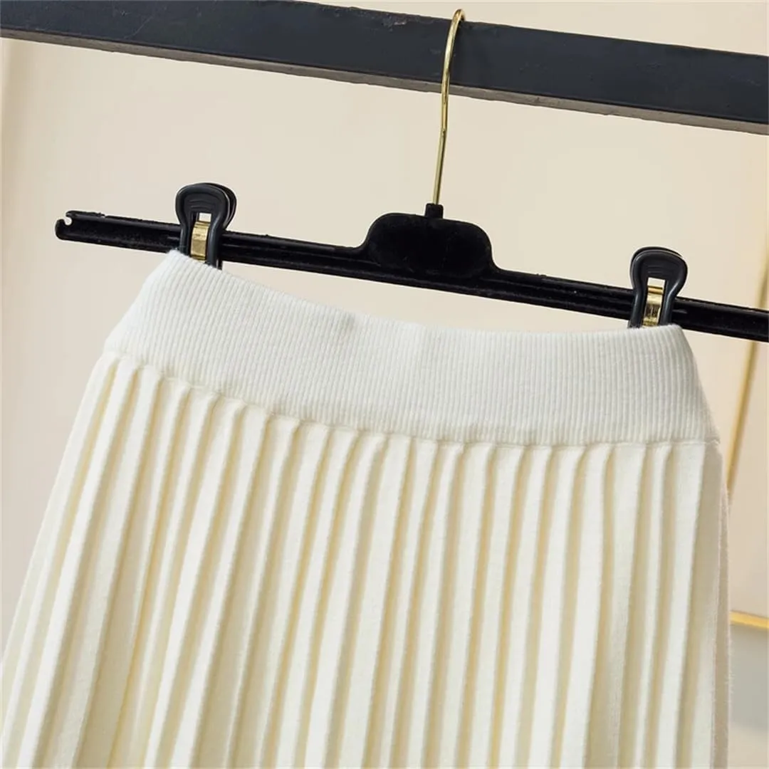 Women Knitted Long Skirt Fall Winter Thick Warm Korean Solid A Line High Waist Pleated Midi Skirt