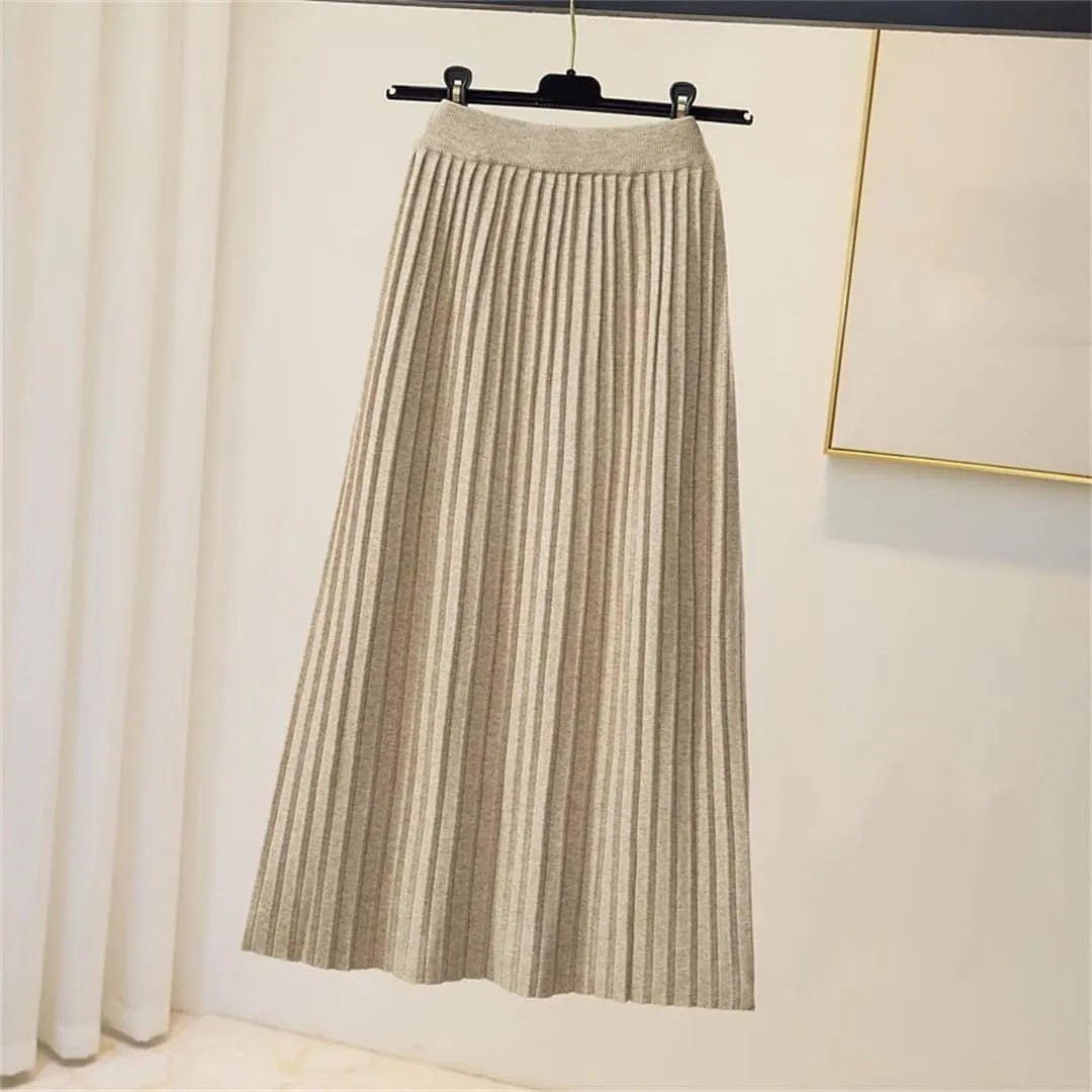 Women Knitted Long Skirt Fall Winter Thick Warm Korean Solid A Line High Waist Pleated Midi Skirt