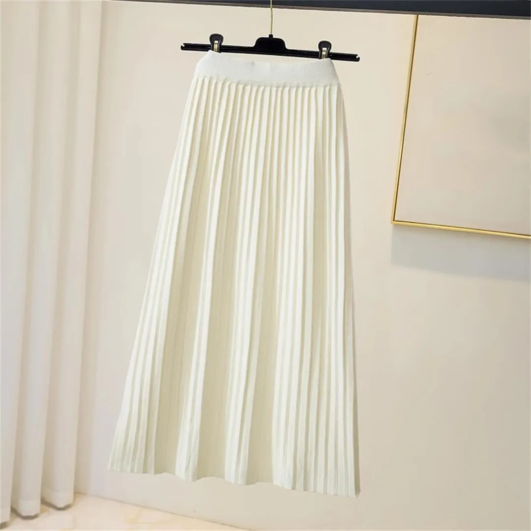 Women Knitted Long Skirt Fall Winter Thick Warm Korean Solid A Line High Waist Pleated Midi Skirt