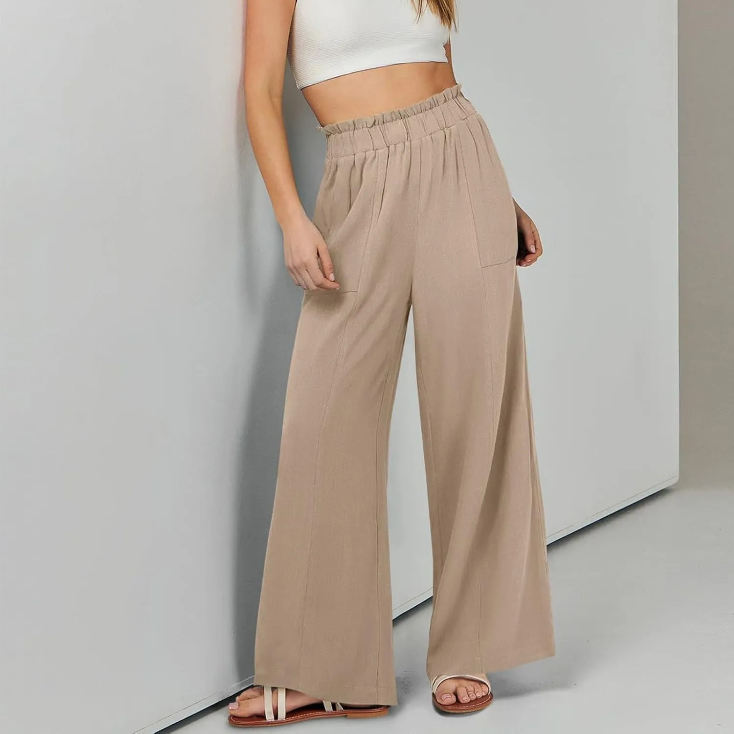 Women Linen Pants Casual Loose High Waist Boho Wide Leg Cropped Palazzo Beach Drawstring Summer Outfits 2025 Trendy