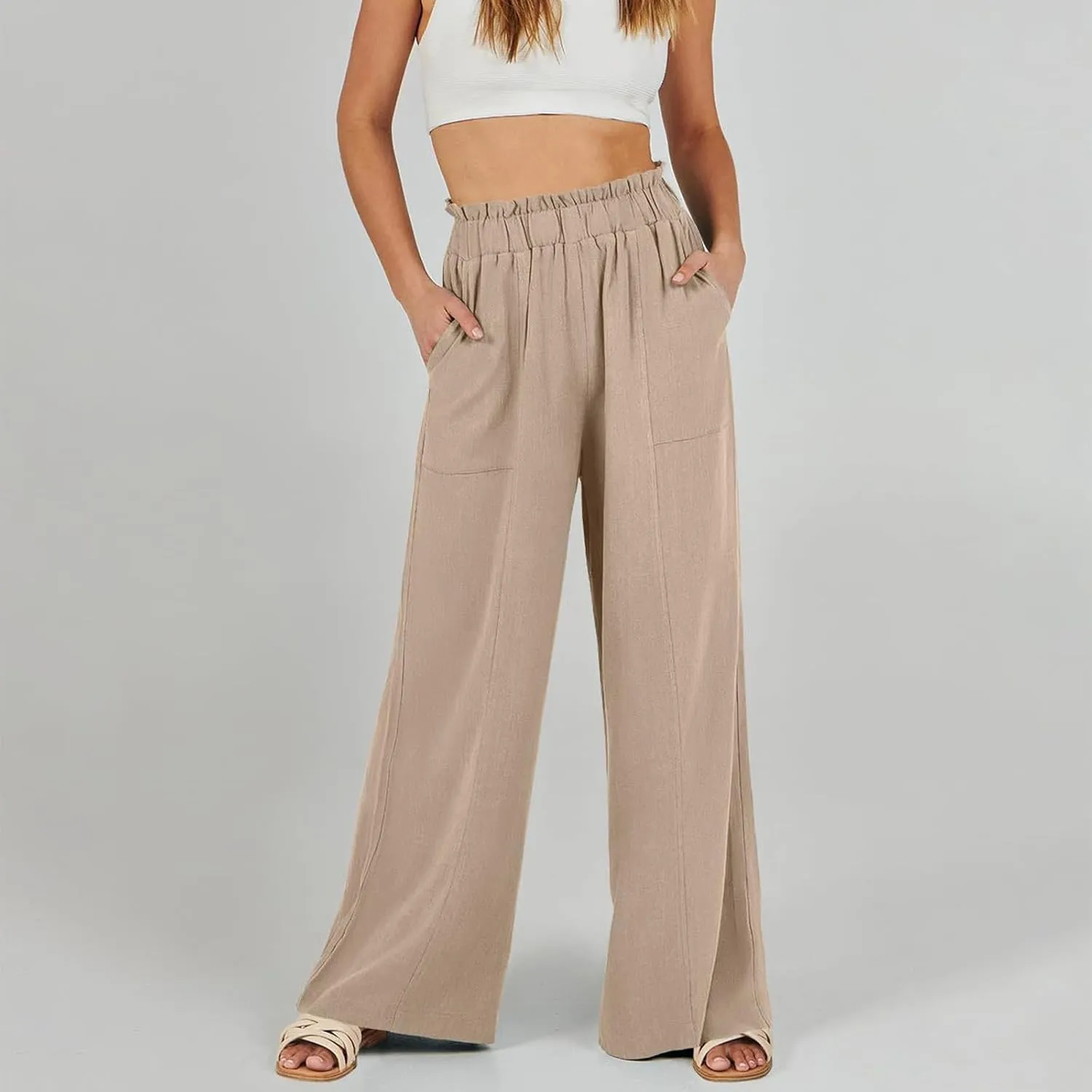 Women Linen Pants Casual Loose High Waist Boho Wide Leg Cropped Palazzo Beach Drawstring Summer Outfits 2025 Trendy