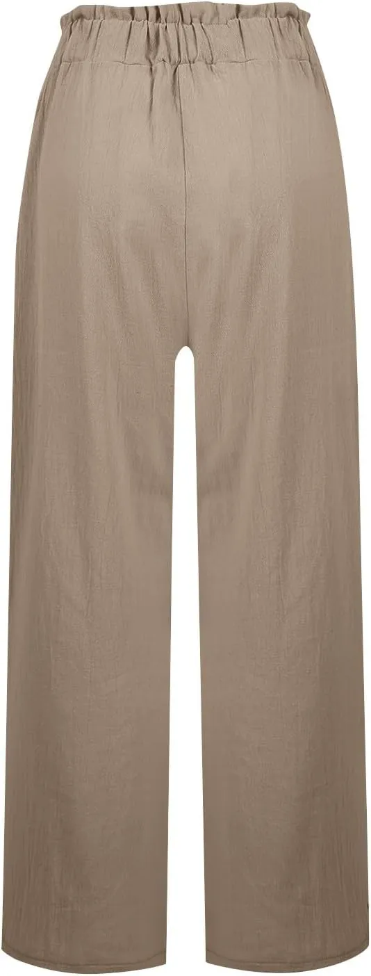 Women Linen Pants Casual Loose High Waist Boho Wide Leg Cropped Palazzo Beach Drawstring Summer Outfits 2025 Trendy