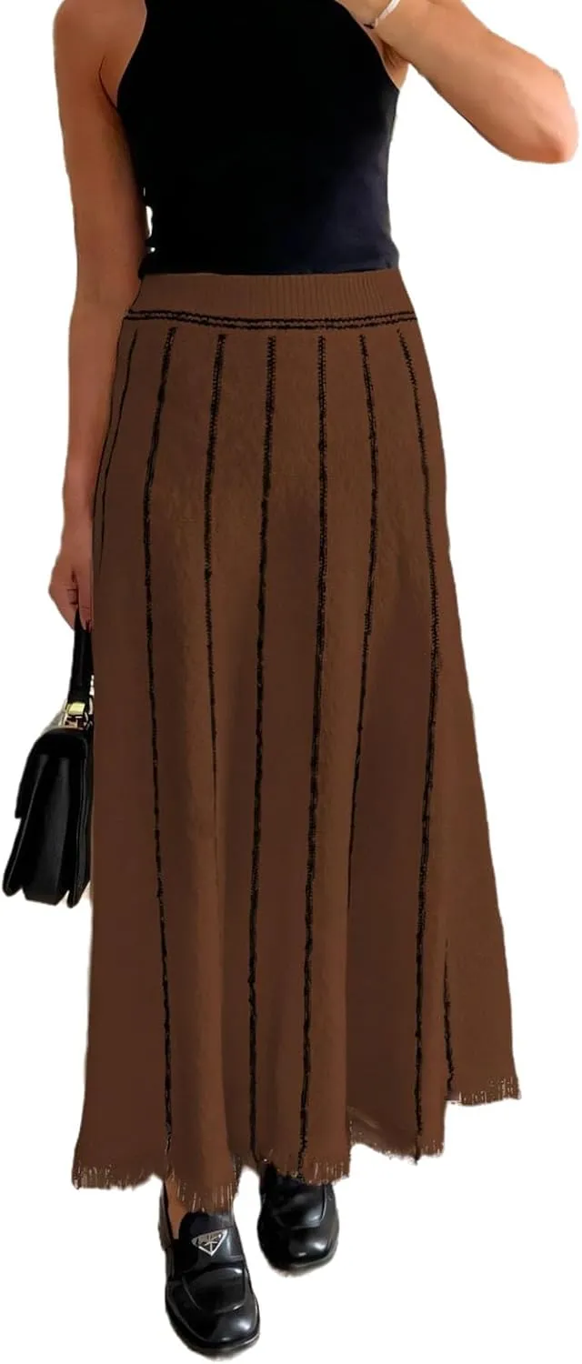 Women Long Skirt Knit Stripe Tassels High Waist Maxi Skirt Loose Skirt Business Vacation Outfits for Women