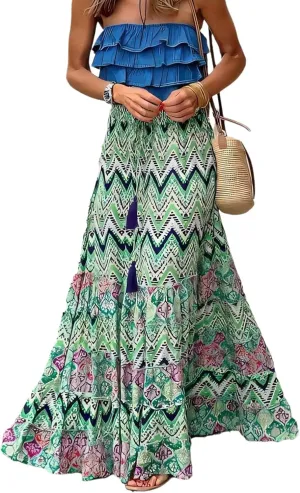 Women Long Skirt Prints High Waist Loose Pleated Ruffle Flowy Maxi Skirt Beach Vacation Outfits Boho Skirt