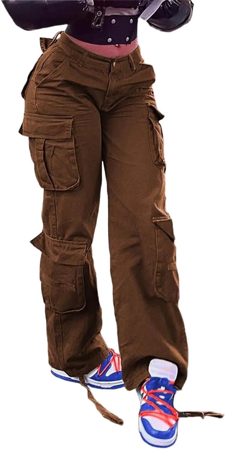 Women Mid Waisted Cargo Jeans Flap Pocket Straight Wide Leg Casual Baggy Boyfriend Denim Streetwear Pants