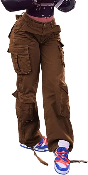 Women Mid Waisted Cargo Jeans Flap Pocket Straight Wide Leg Casual Baggy Boyfriend Denim Streetwear Pants