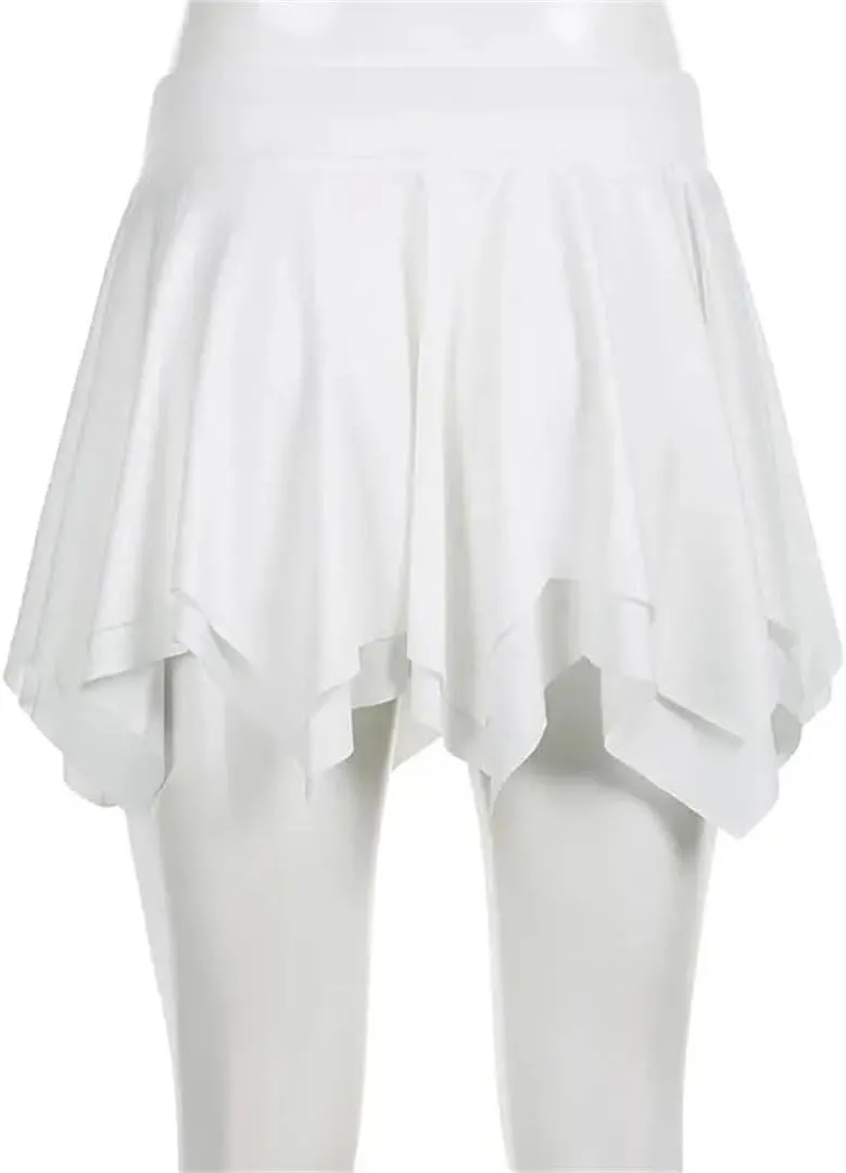 Women Mini Pleated Skirt Irregular Drape Lace Punk Aesthetic High Waist Line Short Skirt