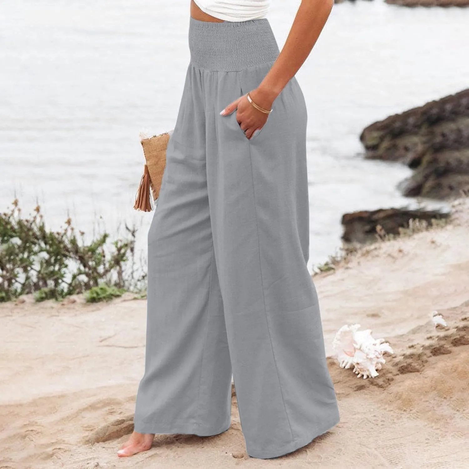 Women Palazzo Pants Summer Smocked High Waist Casual Flowy Dressy Lounge Pant 2025 Beach Travel Vacation Outfits