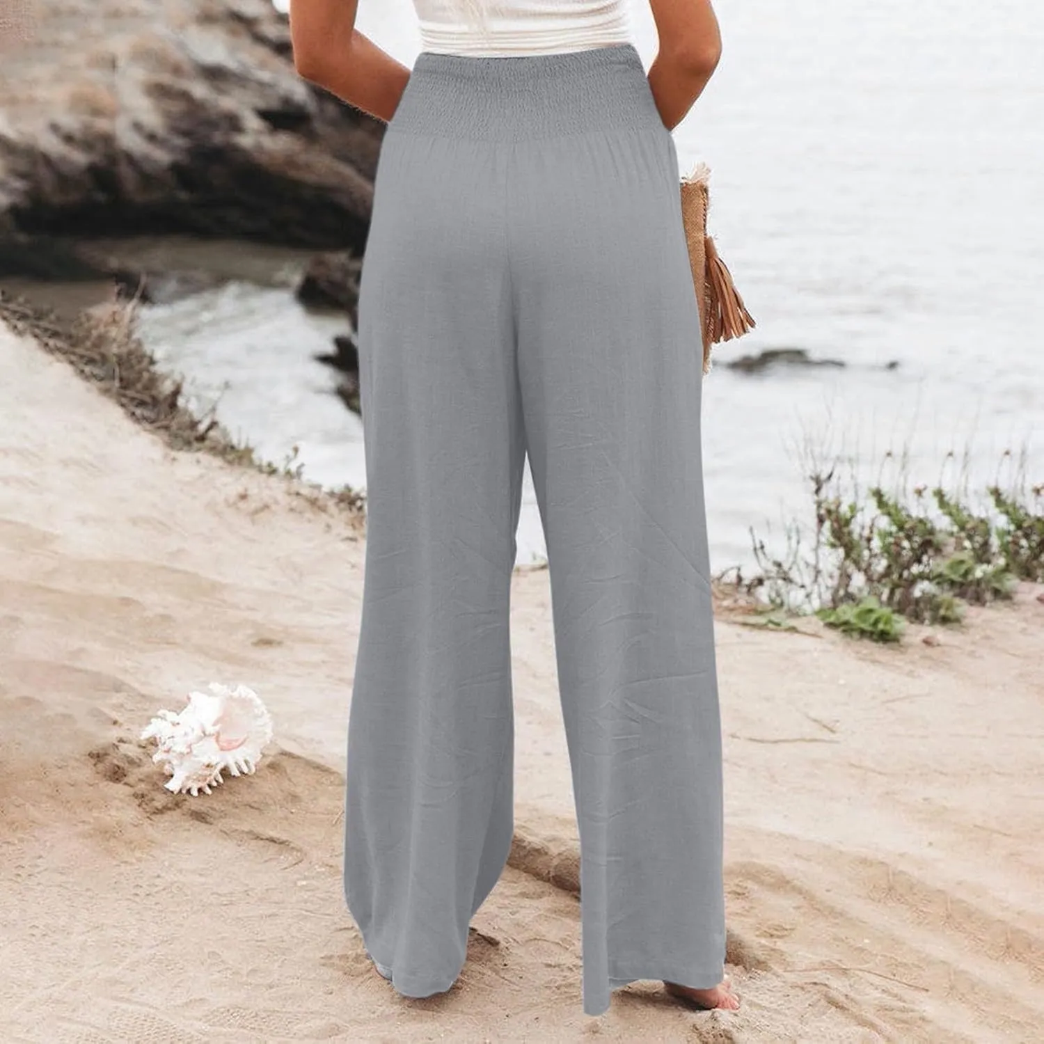 Women Palazzo Pants Summer Smocked High Waist Casual Flowy Dressy Lounge Pant 2025 Beach Travel Vacation Outfits
