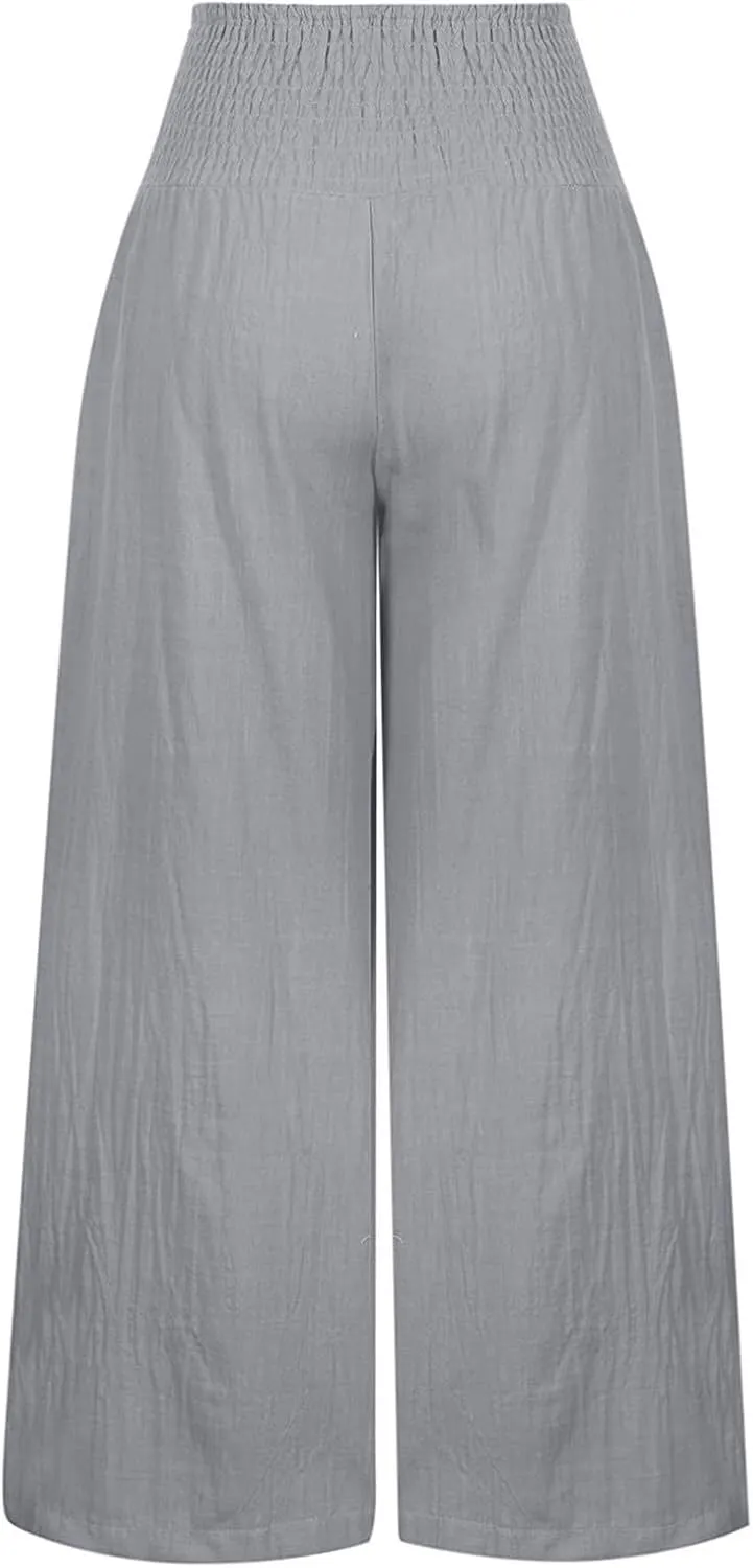 Women Palazzo Pants Summer Smocked High Waist Casual Flowy Dressy Lounge Pant 2025 Beach Travel Vacation Outfits