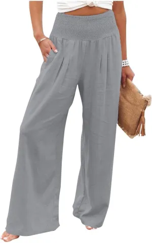 Women Palazzo Pants Summer Smocked High Waist Casual Flowy Dressy Lounge Pant 2025 Beach Travel Vacation Outfits