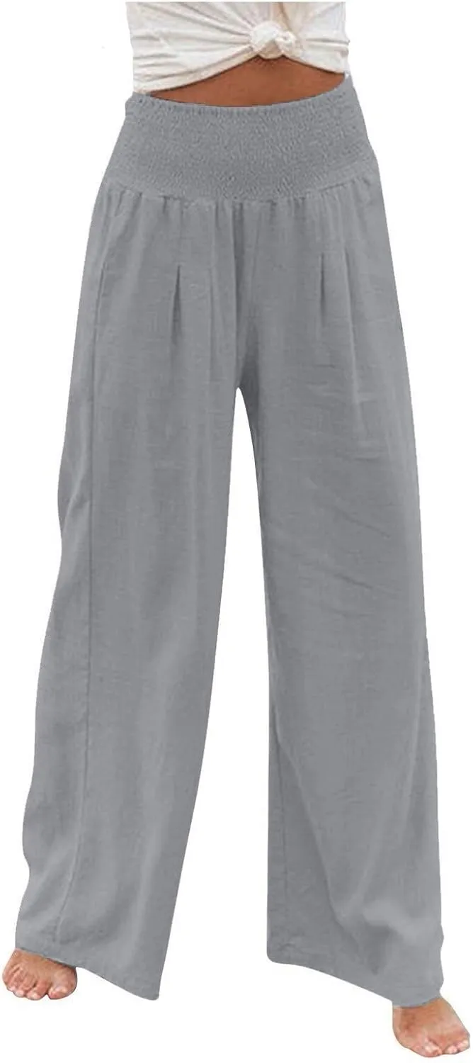 Women Palazzo Pants Summer Smocked High Waist Casual Flowy Dressy Lounge Pant 2025 Beach Travel Vacation Outfits