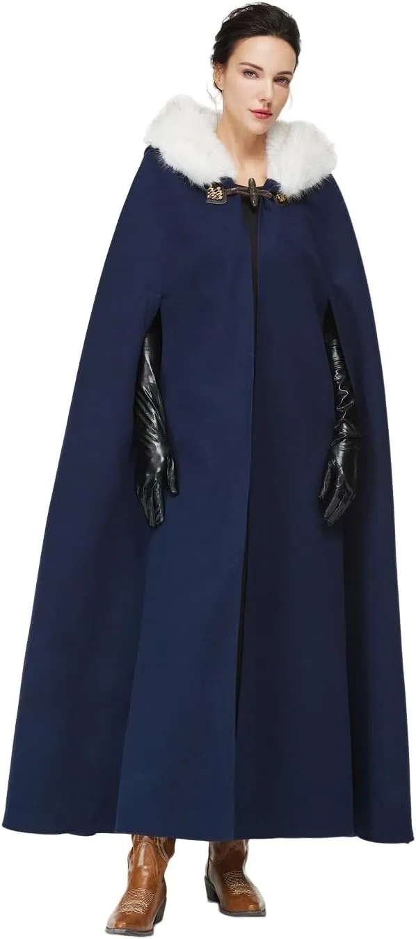 Women Renaissance Cloak Medieval Cape with Faux Fur Hooded for Halloween Cosplay