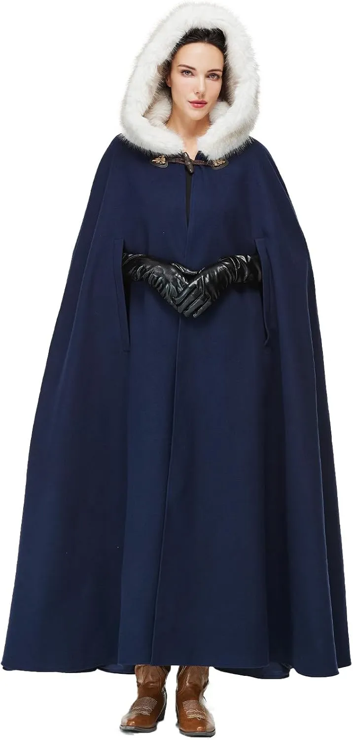 Women Renaissance Cloak Medieval Cape with Faux Fur Hooded for Halloween Cosplay