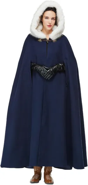 Women Renaissance Cloak Medieval Cape with Faux Fur Hooded for Halloween Cosplay