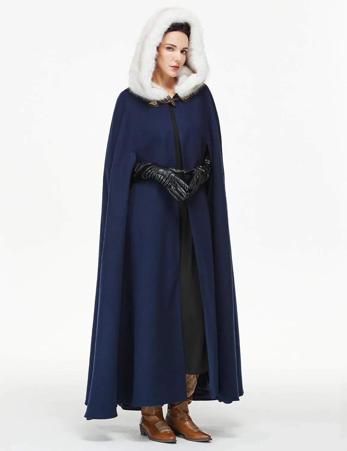 Women Renaissance Cloak Medieval Cape with Faux Fur Hooded for Halloween Cosplay