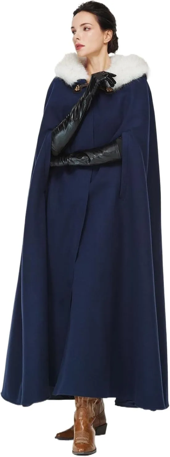 Women Renaissance Cloak Medieval Cape with Faux Fur Hooded for Halloween Cosplay
