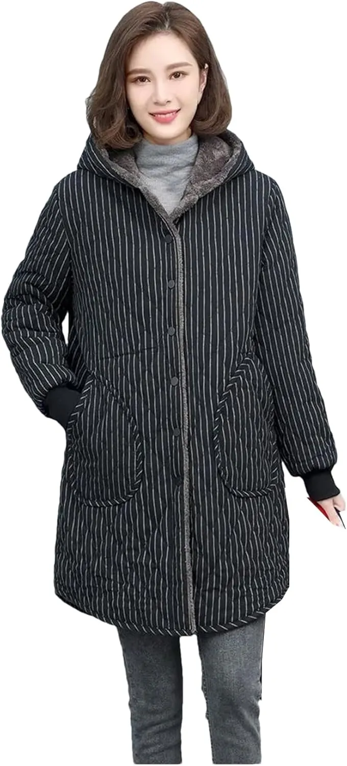 Women Retro Stripe Fleece Padded Cotton Coat Women Loose Casual Long Warm Hooded Overcoat
