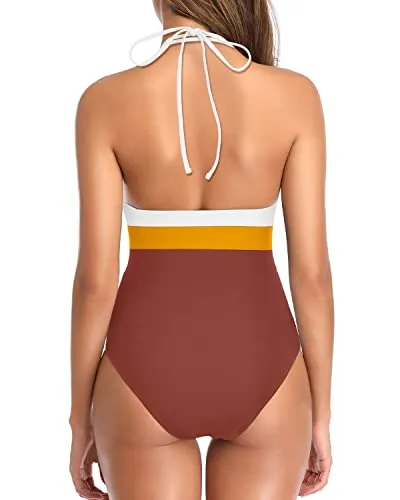 Women Sexy Plunge V Neck One Piece Swimsuit Tummy Control Bathing Suit-Whtie Yellow Brown