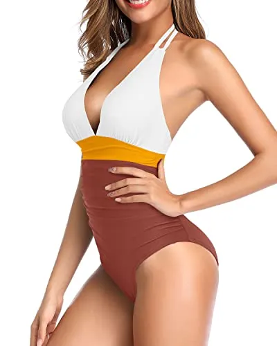 Women Sexy Plunge V Neck One Piece Swimsuit Tummy Control Bathing Suit-Whtie Yellow Brown