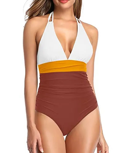 Women Sexy Plunge V Neck One Piece Swimsuit Tummy Control Bathing Suit-Whtie Yellow Brown