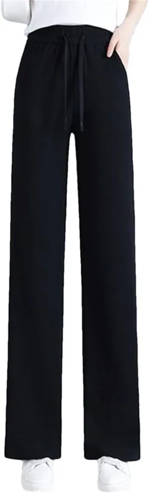 Women Solid Loose Straight Pants Elastic High Waist Wide Leg Sweatpants Lace Up Pants