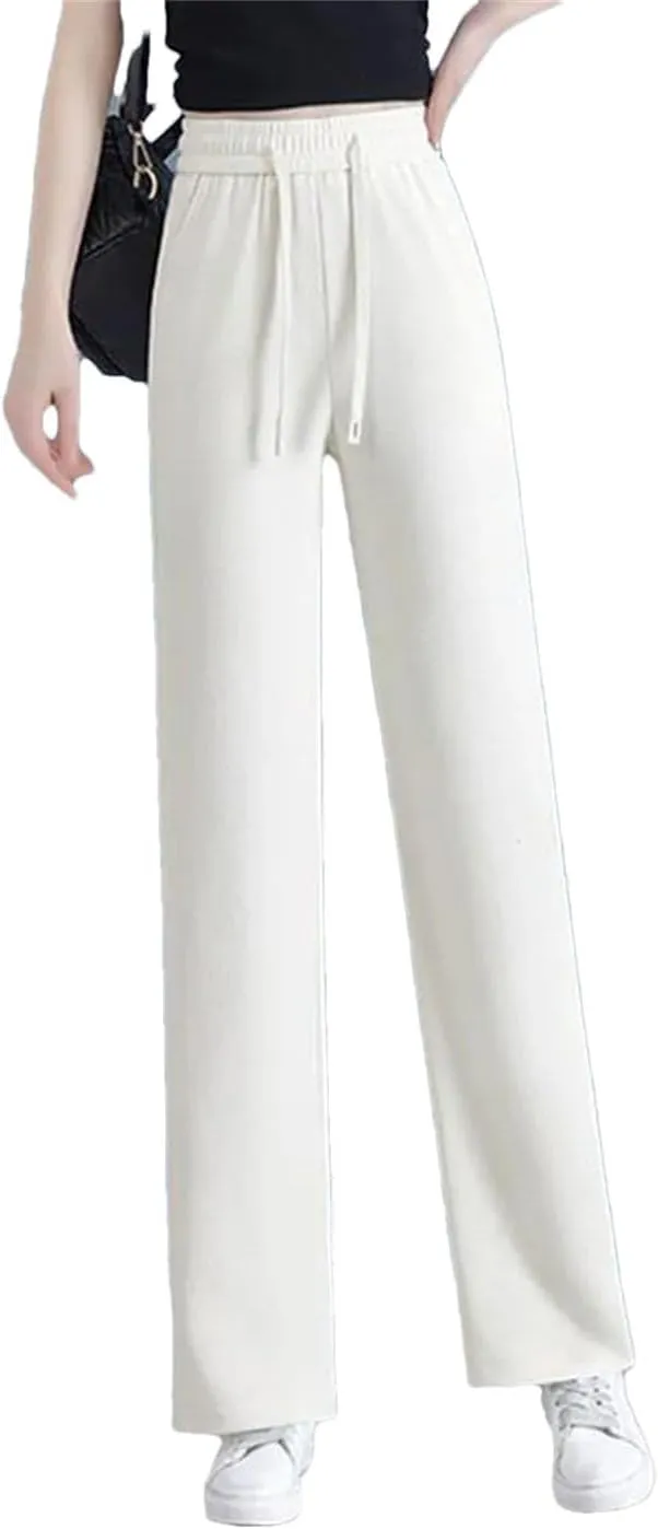 Women Solid Loose Straight Pants Elastic High Waist Wide Leg Sweatpants Lace Up Pants