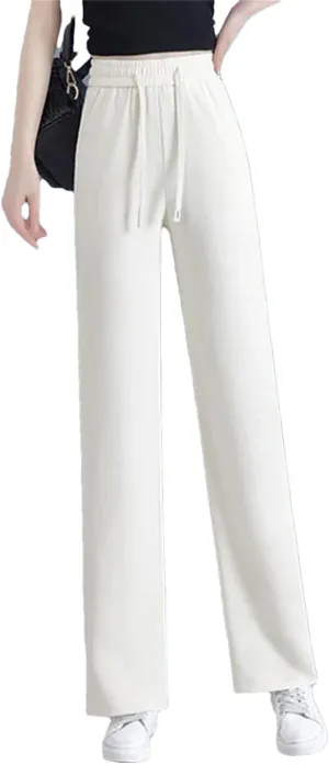 Women Solid Loose Straight Pants Elastic High Waist Wide Leg Sweatpants Lace Up Pants
