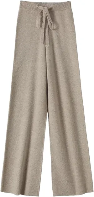Women Spring Autumn High Waist Wide Leg Pants Solid Warm Merino Wool Knitted Casual with Drawstring Trousers