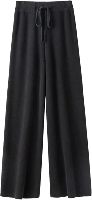 Women Spring Autumn High Waist Wide Leg Pants Solid Warm Merino Wool Knitted Casual with Drawstring Trousers