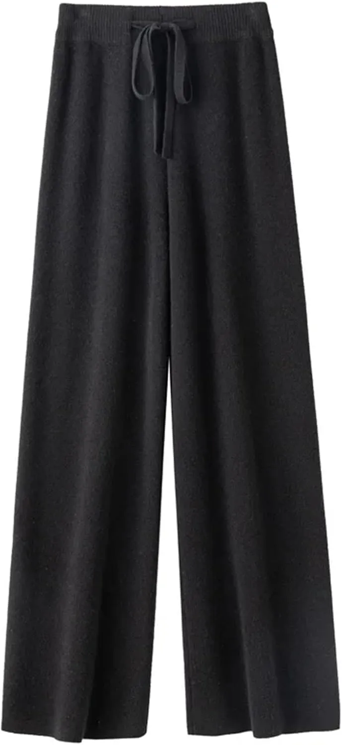Women Spring Autumn High Waist Wide Leg Pants Solid Warm Merino Wool Knitted Casual with Drawstring Trousers
