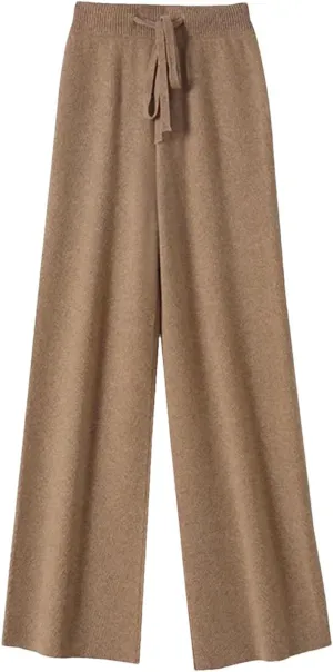 Women Spring Autumn High Waist Wide Leg Pants Solid Warm Merino Wool Knitted Casual with Drawstring Trousers