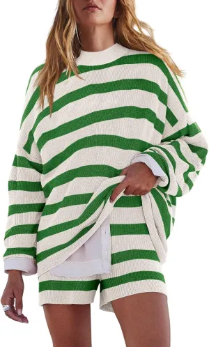 Women Striped 2 Piece Sweater Set Oversized Color Block Lounge Sets Matching Pajamas Long Sleeve Sweater Top and Shorts
