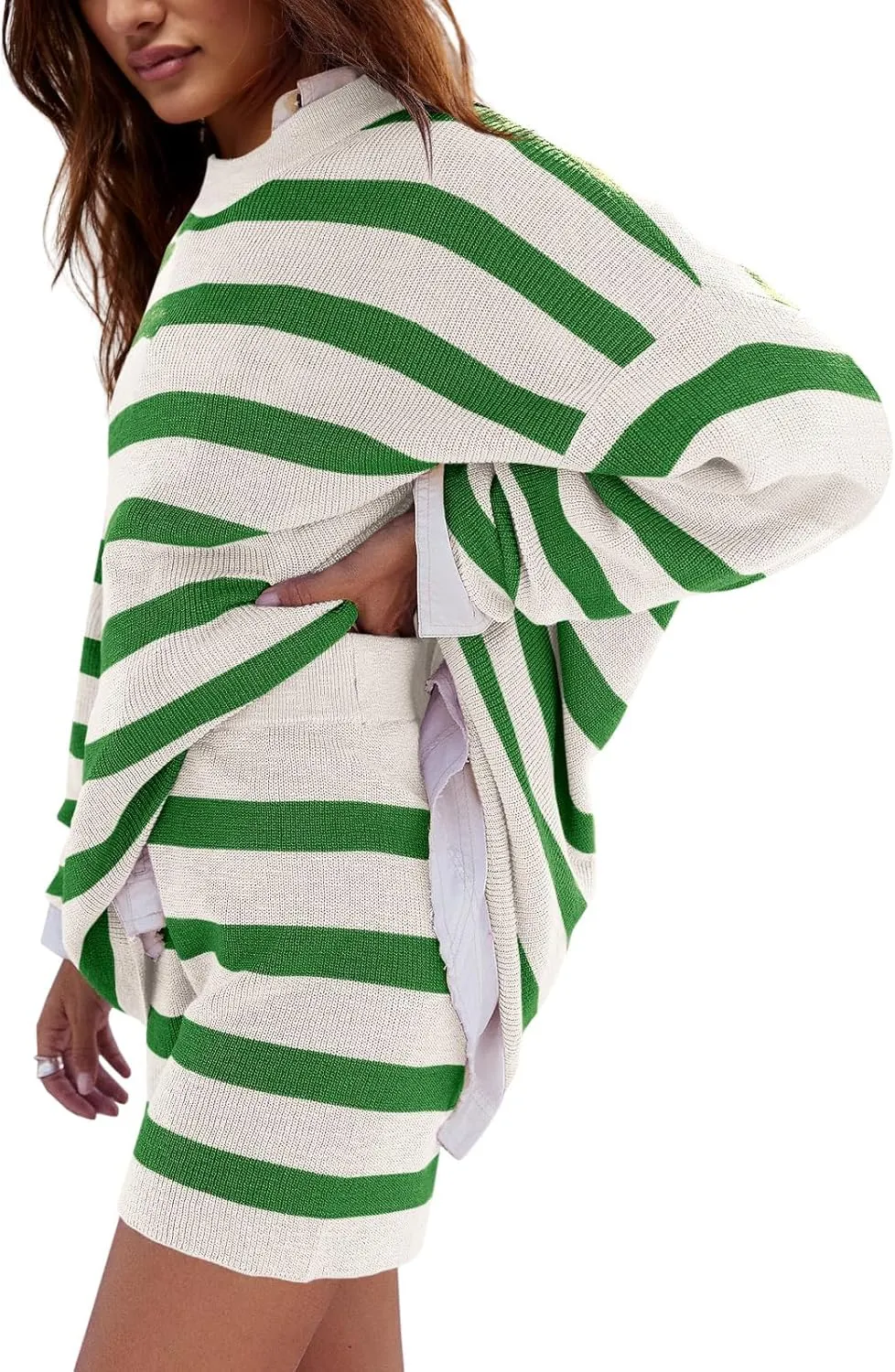 Women Striped 2 Piece Sweater Set Oversized Color Block Lounge Sets Matching Pajamas Long Sleeve Sweater Top and Shorts
