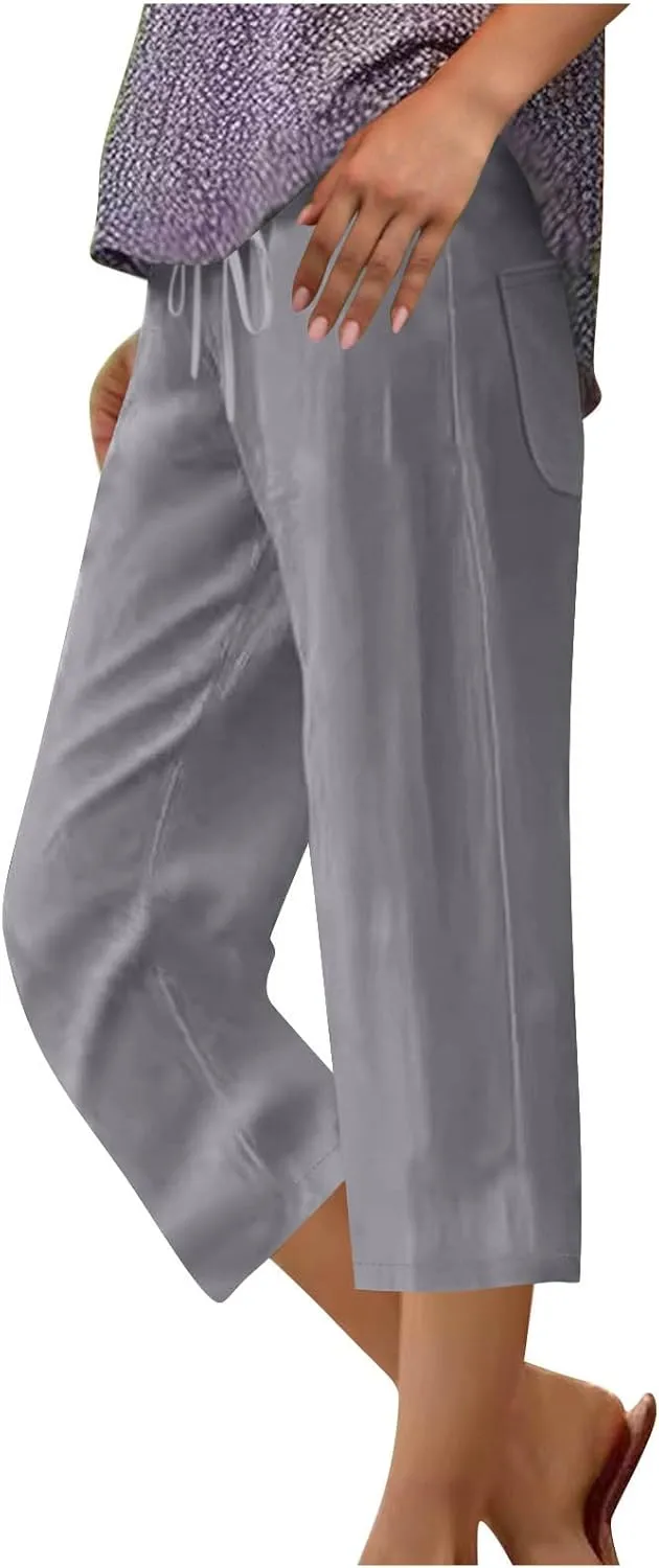 Women Summer Cotton Linen Capri Pants Plain Pant Elasticated Waist Cropped Trousers Loose Breathable Capris with Pocket