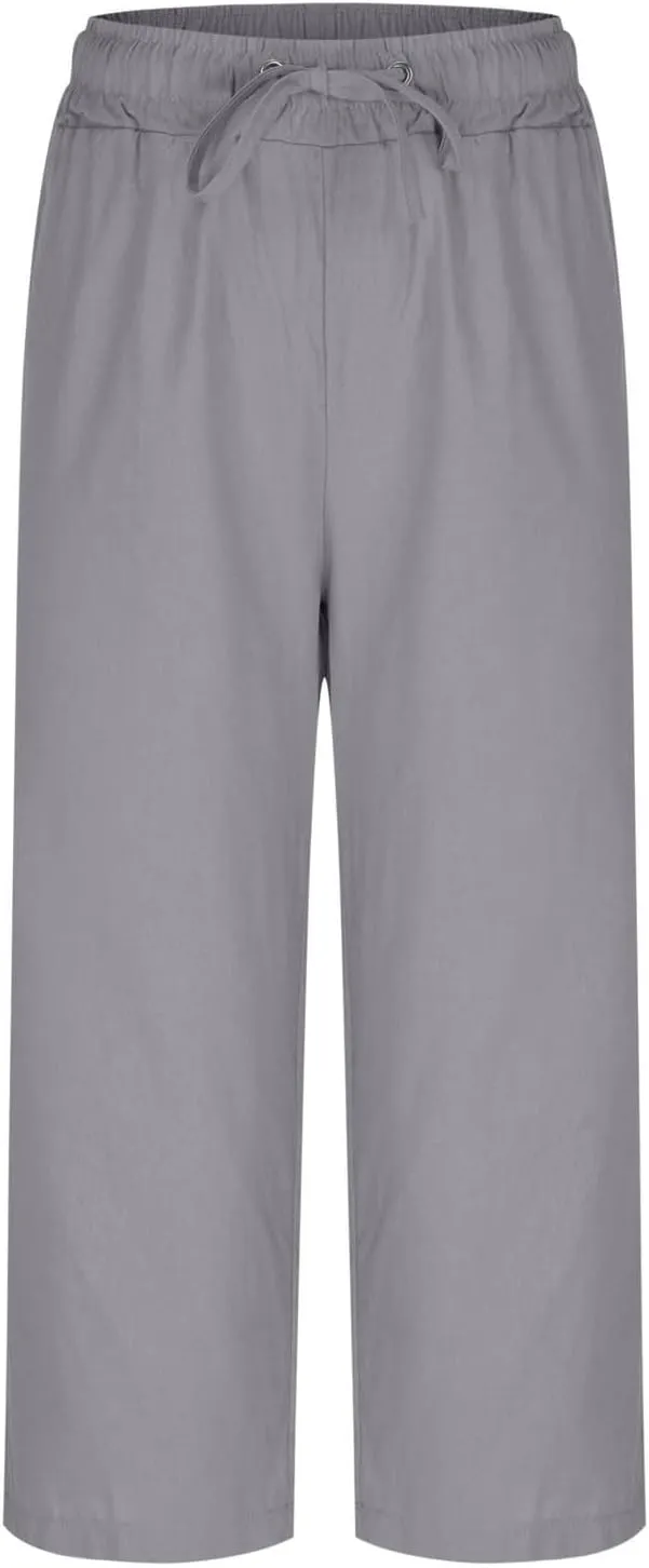 Women Summer Cotton Linen Capri Pants Plain Pant Elasticated Waist Cropped Trousers Loose Breathable Capris with Pocket