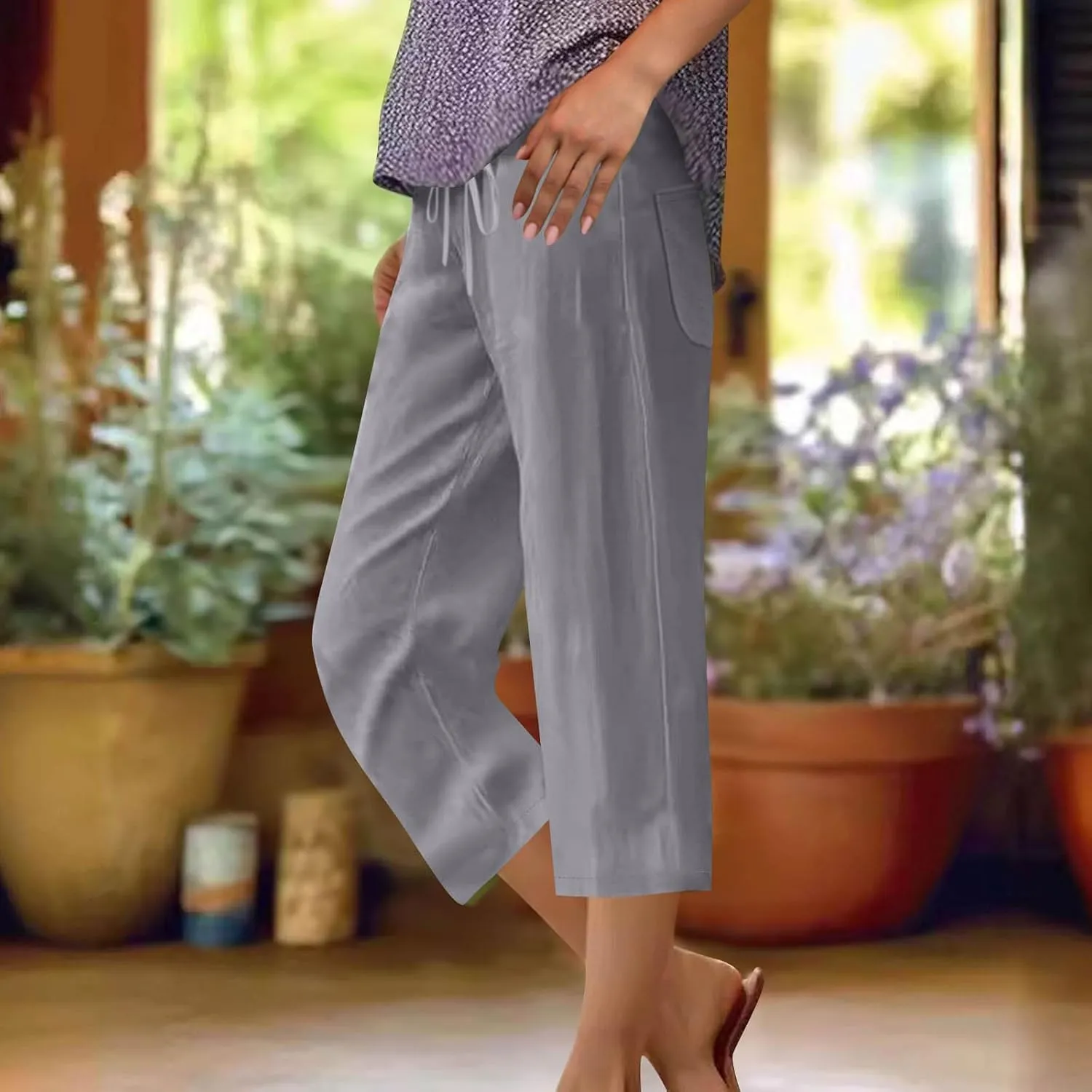 Women Summer Cotton Linen Capri Pants Plain Pant Elasticated Waist Cropped Trousers Loose Breathable Capris with Pocket