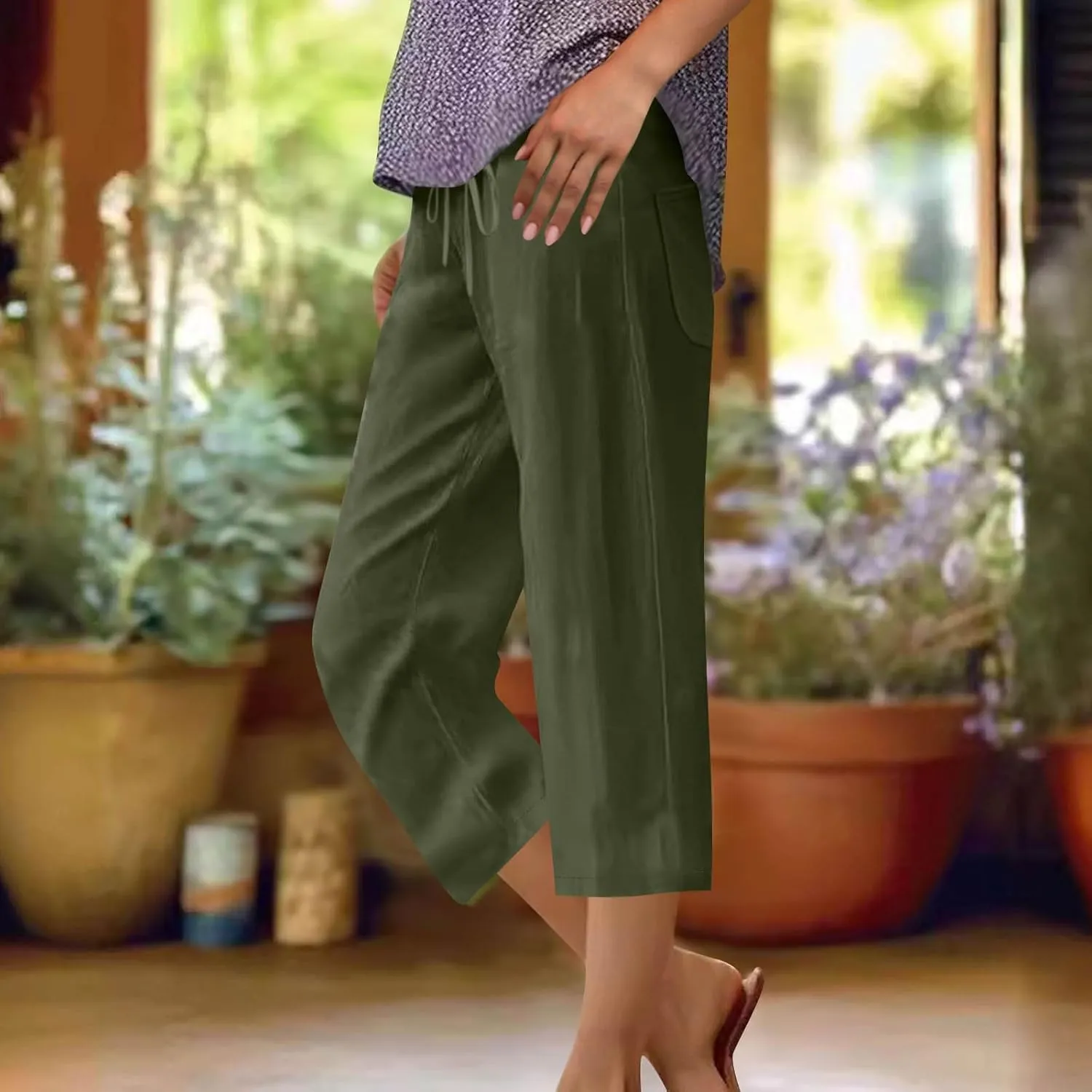 Women Summer Cotton Linen Capri Pants Plain Pant Elasticated Waist Cropped Trousers Loose Breathable Capris with Pocket