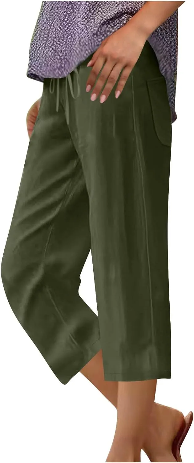 Women Summer Cotton Linen Capri Pants Plain Pant Elasticated Waist Cropped Trousers Loose Breathable Capris with Pocket