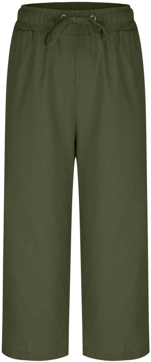 Women Summer Cotton Linen Capri Pants Plain Pant Elasticated Waist Cropped Trousers Loose Breathable Capris with Pocket