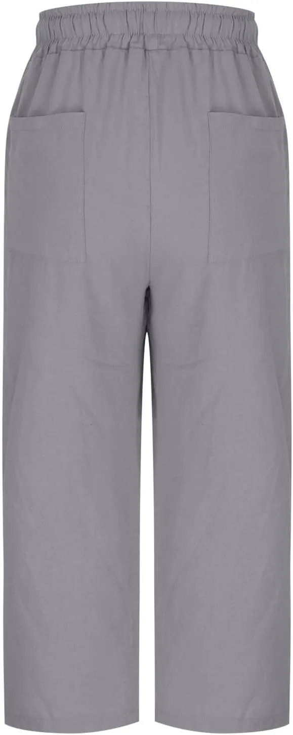 Women Summer Cotton Linen Capri Pants Plain Pant Elasticated Waist Cropped Trousers Loose Breathable Capris with Pocket