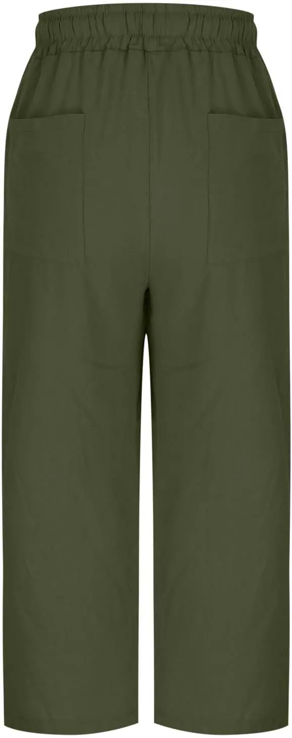 Women Summer Cotton Linen Capri Pants Plain Pant Elasticated Waist Cropped Trousers Loose Breathable Capris with Pocket