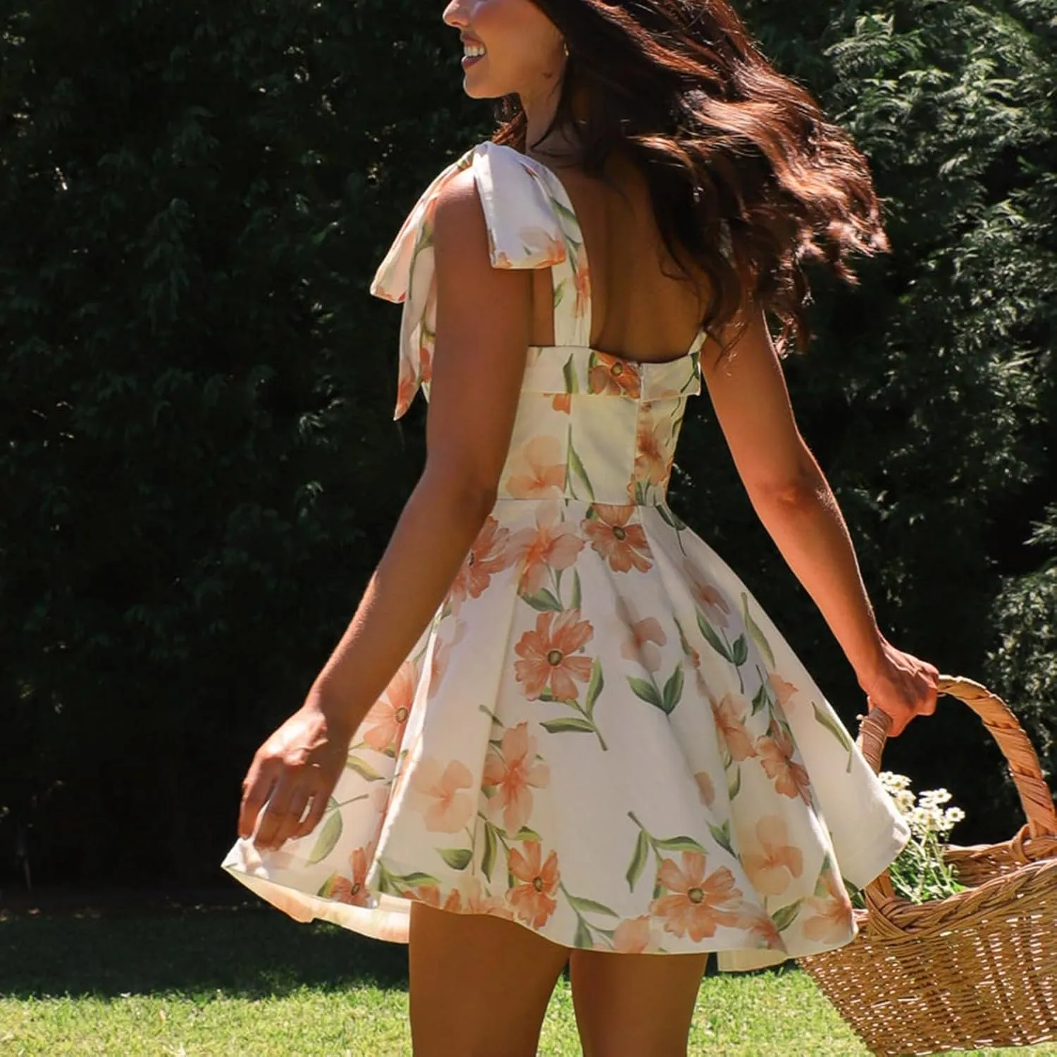 Women Tie Shoulder Mini Dress Boho Floral Babydoll Dress Square Neck Ruffle A Line Flowy Summer Beach Sundress