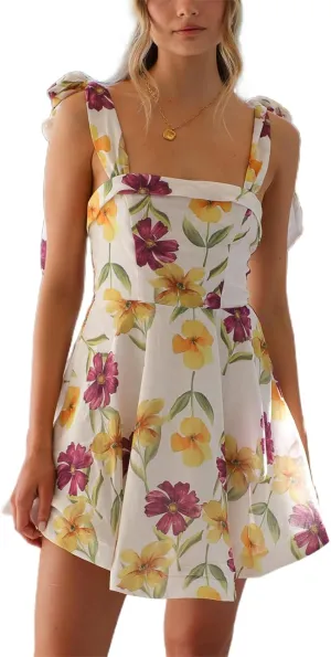 Women Tie Shoulder Mini Dress Boho Floral Babydoll Dress Square Neck Ruffle A Line Flowy Summer Beach Sundress